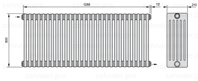 Схема (чертеж) Радиатор Zehnder Charleston 6090/28 №1670 Белый глянцевый RAL 9016